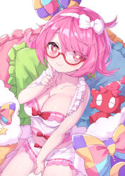 Rule 34 | 1girl, absurdres, azuchi momo, bare arms, bare shoulders, bow, breasts, camisole, cleavage, closed mouth, collarbone, commentary request, crescent, crop top, fang, fang out, frilled pillow, frills, hair between eyes, hair bow, hairband, hand up, highres, index finger raised, masaki (msk064), medium breasts, navel, nijisanji, pillow, pink hair, purple eyes, red-framed eyewear, semi-rimless eyewear, short shorts, shorts, simple background, smile, solo, star-shaped pupils, star (symbol), symbol-shaped pupils, under-rim eyewear, virtual youtuber, white background, white bow, white camisole, white hairband, white shorts