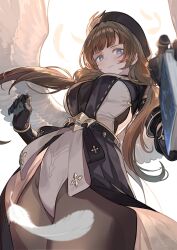 Rule 34 | 1girl, beret, black bodysuit, black gloves, blue eyes, blush, bodysuit, book, breasts, bright pupils, brown hair, closed mouth, commentary request, falling feathers, feathered wings, feathers, gloves, granblue fantasy, hat, highres, holding, holding book, large breasts, leotard, long hair, looking at viewer, low twintails, nao (syn eaa), raziel (granblue fantasy), showgirl skirt, solo, twintails, upper body, white leotard, white pupils, white wings, wings