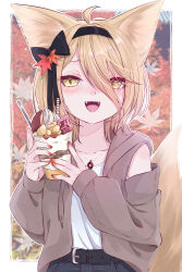 Rule 34 | 1girl, ahoge, alternate costume, animal ears, autumn, autumn leaves, belt, black belt, black hairband, blonde hair, blush, brown jacket, collarbone, cup, fangs, fingernails, food, fox ears, fox tail, hairband, highres, holding, holding cup, jacket, kudamaki tsukasa, leaf, long sleeves, maple leaf, mizore arius, nail polish, open clothes, open jacket, open mouth, parfait, red nails, shirt, short hair, smile, solo, tail, touhou, upper body, white shirt, yellow eyes
