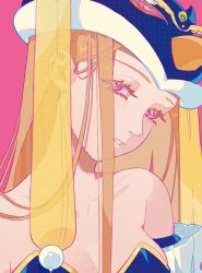 Rule 34 | 1girl, bare shoulders, blonde hair, blue dress, blue hat, blue sleeves, breasts, chinese commentary, collarbone, colored eyelashes, colored sclera, commentary request, detached sleeves, dragon hat, dress, hat, head tilt, highres, large breasts, layered sleeves, long hair, looking at viewer, low neckline, mawaru penguindrum, parted lips, pink background, pink eyes, pink sclera, princess of the crystal, simple background, solo, straight hair, strapless, strapless dress, teeth, upper body, white sleeves, yeshisi