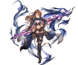 Rule 34 | 1girl, armor, armored boots, beatrix (granblue fantasy), belt, boots, breasts, brown eyes, brown hair, cleavage, closed mouth, detached sleeves, full body, gloves, glowing, glowing weapon, granblue fantasy, hair ornament, hand on own hip, holding, holding sword, holding weapon, long hair, looking at viewer, medium breasts, midriff, minaba hideo, navel, official art, overskirt, parted bangs, pauldrons, ponytail, reverse grip, shiny clothes, shorts, shoulder armor, smile, solo, sword, thighhighs, transparent background, weapon