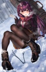 Rule 34 | 1girl, absurdres, angry, b:ga, black pantyhose, blush, boots, breasts, breath, girls&#039; frontline, gloves, highres, large breasts, long hair, looking at viewer, necktie, official alternate costume, open mouth, panties, panties under pantyhose, pantyhose, purple hair, red eyes, scarf, sitting, skirt, snow, snowing, solo, thighband pantyhose, underwear, wa2000 (date in the snow) (girls&#039; frontline), wa2000 (girls&#039; frontline), white gloves