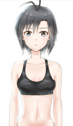 Rule 34 | 1girl, antenna hair, arms at sides, asymmetrical bangs, bare arms, bare shoulders, black bra, black hair, blue eyes, blush, bottomless, bra, breasts, cleavage, collarbone, groin, highres, idolmaster, idolmaster (classic), idolmaster 2, kikuchi makoto, looking at viewer, mogskg, navel, out-of-frame censoring, parted lips, semi-rimless eyewear, short hair, simple background, small breasts, stomach, tareme, under-rim eyewear, underwear, upper body, white background