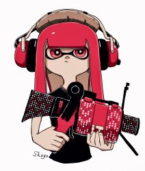 Rule 34 | .52 gal (splatoon), 1girl, :/, artist name, black shirt, blunt bangs, bright pupils, closed mouth, cropped torso, female focus, headphones, highres, hime cut, holding, inkling, inkling girl, inkling player character, long hair, matching hair/eyes, nintendo, red eyes, red hair, shirt, shogo (shogo70449442), sidelocks, signature, simple background, solo, splatoon (series), straight-on, tentacle hair, tentacles, trigger discipline, two-handed, upper body, white background, white pupils