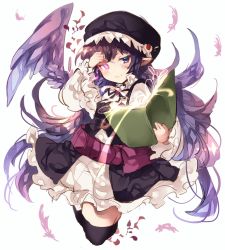 Rule 34 | 10s, 1girl, asada sadao, black hair, black hat, black thighhighs, book, closed mouth, cropped legs, dress, eyepatch, eyepatch lift, glowing, glowing eye, granblue fantasy, harvin, hat, head tilt, heterochromia, highres, holding, holding book, long hair, long sleeves, looking at viewer, lunalu (granblue fantasy), open book, pink eyes, pointy ears, purple eyes, simple background, smile, solo, thighhighs, very long hair, white background