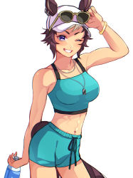Rule 34 | 1girl, abs, animal ears, arm up, blush, bracelet, breasts, brown hair, cleavage, dog tags, earrings, eyewear on head, green shorts, green sports bra, grin, highres, horse ears, horse tail, jewelry, large breasts, looking at viewer, mejiro ryan (umamusume), multicolored hair, muscular, muscular female, navel, necklace, parted lips, pmoufu, short hair, shorts, smile, solo, sports bra, sunglasses, tail, teeth, umamusume, white hair, white headwear