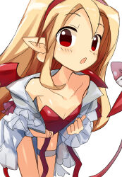 Rule 34 | 1girl, absurdres, bare shoulders, blonde hair, breasts, demon girl, demon tail, demon wings, disgaea, earrings, flonne, flonne (fallen angel), heart, heart earrings, highres, jank365m, jewelry, leaning forward, leotard, long hair, looking at viewer, makai senki disgaea, off shoulder, open clothes, open mouth, open shirt, pointy ears, red eyes, red leotard, ribbon, shirt, small breasts, solo, strapless, strapless leotard, tail, thigh gap, thigh strap, thighs, very long hair, white shirt, wings