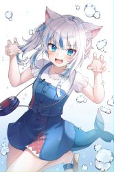 Rule 34 | 1girl, :d, absurdres, animal ear fluff, animal ears, blue background, blue dress, blue eyes, blue hair, blunt bangs, cat ears, dress, fins, fish tail, gawr gura, gawr gura (casual), gradient background, highres, hololive, hololive english, looking at viewer, multicolored hair, open mouth, paw pose, ryunbi, sandals, shark, shark tail, sharp teeth, short hair, short sleeves, smile, solo, standing, standing on one leg, tail, teeth, two-tone hair, upper teeth only, virtual youtuber, white background, white hair