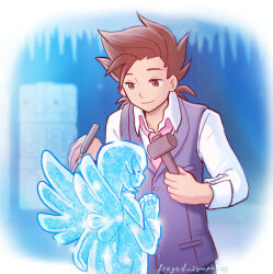 Rule 34 | 1boy, artist name, brown eyes, brown hair, colette brunel, frayed-symphony, highres, holding, ice sculpture, lloyd irving, male focus, necktie, pink necktie, smile, spiked hair, tales of (series), tales of symphonia