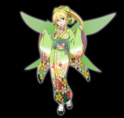 Rule 34 | 1girl, blonde hair, braid, floral print, full body, green eyes, high ponytail, japanese clothes, kimono, leafa, long hair, long sleeves, looking at viewer, new year, official art, open mouth, pointy ears, sandals, side braid, solo, sword art online, tabi, transparent background, twin braids, wide sleeves, wings