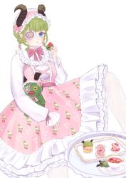Rule 34 | 1girl, alternate costume, belt, blue eyes, blush, bow, breasts, brown horns, cake, commentary request, cross-laced clothes, cross-laced dress, cup, curled horns, demon girl, demon horns, demon tail, dress, eyepatch, feet out of frame, food, food print, frilled hairband, frills, hair bow, hairband, holding, holding food, horns, lace pantyhose, layered dress, lolita fashion, long sleeves, looking at viewer, macaron, medium bangs, medium breasts, mousse (food), nanashi inc., nukokaki, open mouth, pantyhose, pinafore dress, pink belt, pink bow, pink dress, pink hairband, pointy ears, print dress, saucer, sekishiro mico, short hair, simple background, sitting, sleeveless, sleeveless dress, solo, strawberry print, stuffed demon, tail, tea, teacup, transparent background, tray, virtual youtuber, white dress, white pantyhose