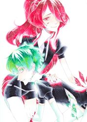 Rule 34 | 2others, absurdres, androgynous, breaking, colored eyelashes, crack, crystal hair, elbow gloves, gem uniform (houseki no kuni), gloves, green diamond (houseki no kuni), green eyes, green hair, hair over one eye, highres, houseki no kuni, kanitohituzi, long hair, looking at viewer, marker (medium), missing limb, multiple others, necktie, ponytail, red eyes, red hair, ruby (houseki no kuni), shards, short hair, smile, thighhighs, traditional media, very long hair, white background