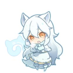 Rule 34 | 10s, 1girl, :o, animal ears, arctic fox (kemono friends), boots, breath, brown eyes, capelet, chibi, cold, collar, dot nose, fox ears, fox tail, fur-trimmed boots, fur collar, fur trim, japari symbol, kemono friends, long hair, looking at viewer, lowres, maora oto, open mouth, simple background, skirt, solo, standing, tail, tsurime, twitter username, very long hair, wavy hair, white background, white hair