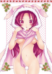 Rule 34 | 10s, 1girl, animal ears, bad id, bad pixiv id, blush, breasts, cape, censored, convenient censoring, cross, hood, leaf, long hair, mahou shoujo madoka magica, mahou shoujo madoka magica (anime), medium breasts, mistletoe, naked cape, naked scarf, nipples, nude, red eyes, red hair, sakura kyoko, scarf, solo, uk-works, winter clothes