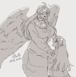 Rule 34 | 2girls, ahoge, animal hands, bird legs, blush, breasts, commentary request, feathered wings, feathers, glasses, hair intakes, hair over one eye, half-harpy, hands on another&#039;s shoulders, height difference, highres, large breasts, long hair, monster girl, multiple girls, neck fur, open mouth, protagonist 2 (housamo), simple background, ta me ba, tokyo houkago summoners, wings, ziz (housamo)