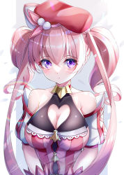 Rule 34 | 1girl, :t, absurdres, bare shoulders, beret, blush, breasts, cleavage, cleavage cutout, clothing cutout, commentary request, detached sleeves, dress, hair between eyes, hat, heart cutout, highres, large breasts, long hair, looking at viewer, pink dress, pink hair, princess connect!, purple eyes, red hat, signature, solo, takemura kou, tsumugi (princess connect!), twintails, upper body, very long hair
