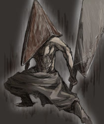 Rule 34 | 1boy, fighting stance, helmet, holding, holding sword, holding weapon, left-handed, male focus, monster, muscular, pyramid (structure), pyramid head, silent hill, silent hill (movie), silent hill (series), silent hill 2, solo, spread legs, standing, sword, topless male, weapon