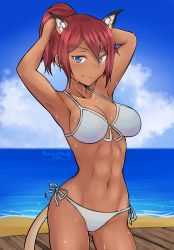 Rule 34 | 1girl, abs, adriana visconti, animal ears, armpits, arms up, beach, bikini, blue eyes, blush, breasts, cat ears, cat tail, closed mouth, collarbone, female focus, groin, highres, large breasts, looking at viewer, navel, noble witches, ocean, outdoors, red hair, side-tie bikini bottom, sky, smile, solo, standing, strike witches, sweat, swimsuit, tail, world witches series