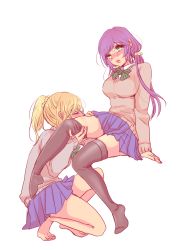 Rule 34 | 10s, 2girls, ayase eli, barefoot, black legwear, blonde hair, blush, bow, green eyes, kissing thigh, lips, looking at another, love live!, love live! school idol project, low twintails, mikawa miso, multiple girls, no shoes, ponytail, purple hair, school uniform, sitting, skirt, thighhighs, tojo nozomi, twintails, yuri