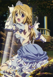 Rule 34 | 10s, 1girl, absurdres, blonde hair, charlotte dunois, crown, d:, dress, gloves, highres, infinite stratos, kuniyuki yurie, long hair, nyantype, official art, open mouth, purple eyes, riot shield, shield, solo, torn clothes, torn dress, torn gloves, white gloves
