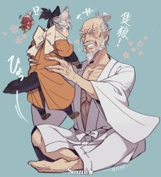 Rule 34 | +++, animal ears, ashina isshin, beard, black hair, blue background, bow, commentary request, facial hair, floral background, grin, holding person, indian style, japanese clothes, mask, masked, multicolored hair, old, old man, one eye closed, scarf, sekiro, sekiro: shadows die twice, shinzui (fantasysky7), simple background, sitting, smile, tail, tengu mask, topknot, translation request, white hair, wolf boy, wolf ears, wolf tail