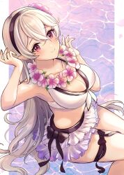 Rule 34 | 1girl, bikini, black hairband, breasts, cleavage, closed mouth, corrin (female) (fire emblem), corrin (female) (novice vacationer) (fire emblem), corrin (fire emblem), fire emblem, fire emblem fates, fire emblem heroes, flower, flower necklace, grey hair, hair between eyes, hairband, highres, jewelry, lei, long hair, looking at viewer, necklace, nintendo, norimaki (nrmk norinori), official alternate costume, pointy ears, red eyes, smile, solo, swimsuit, twitter username, very long hair, water