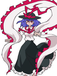 Rule 34 | 1girl, black skirt, blouse, bow, closed mouth, eddybird55555, frilled shawl, frilled skirt, frills, hat, hat bow, helltaker, highres, looking at viewer, nagae iku, purple hair, red bow, red eyes, ringed eyes, shawl, shirt, short hair, simple background, skirt, smile, solo, standing, touhou, vanripper (style), white background, white shirt