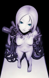 Rule 34 | 1girl, android, blue eyes, cable, exposed parts, iwai ryou, mecha, mechanical parts, nude, pale skin, robot, short hair, solo