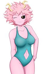 Rule 34 | 10s, 1girl, absurdres, ashido mina, bad id, bad pixiv id, bare shoulders, black sclera, boku no hero academia, breasts, cleavage, clothing cutout, colored sclera, colored skin, highres, horns, large breasts, looking at viewer, navel, navel cutout, one-piece swimsuit, one eye closed, pink hair, pink skin, shinjicoca, short hair, simple background, smile, solo, standing, swimsuit, white background, yellow eyes