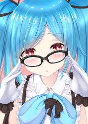 Rule 34 | .live, 1girl, adjusting eyewear, blue hair, blush, commentary request, gajt69, gloves, highres, looking at viewer, open mouth, pink background, portrait, red eyes, simple background, solo, twintails, virtual youtuber, white gloves, yamato iori