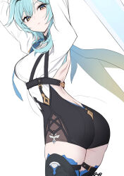 Rule 34 | 1girl, aqua hair, arms up, ass, back, eula (genshin impact), fpanda, genshin impact, highres, looking at viewer, solo, standing, white background