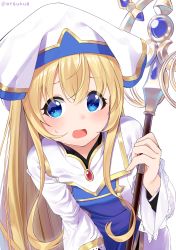 Rule 34 | 10s, 1girl, :o, blonde hair, blue eyes, blush, breasts, commentary request, dress, dx (dekusu), goblin slayer!, hair between eyes, hat, highres, holding, holding staff, leaning forward, long hair, long sleeves, looking at viewer, open mouth, priestess (goblin slayer!), simple background, small breasts, smile, solo, staff, sweat, twitter username, upper body, very long hair, white background, white dress, white hat, wide sleeves