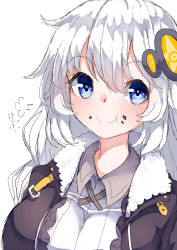 Rule 34 | 1girl, puff of air, absurdres, black coat, blue eyes, chocolate, chocolate on face, coat, commentary, eating, food, food on face, full mouth, fur-trimmed coat, fur trim, highres, homumaru, kizuna akari, long hair, looking at viewer, sketch, smile, solo, upper body, voiceroid, white background, white hair