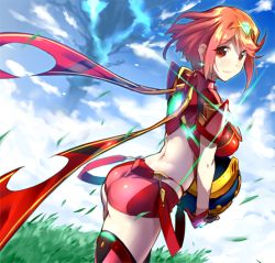 Rule 34 | 1girl, ass, blush, breasts, chikugen shiina, day, earrings, fingerless gloves, gloves, hair ornament, jewelry, large breasts, looking at viewer, nintendo, outdoors, pyra (xenoblade), red eyes, red hair, short hair, shorts, sidelocks, sky, smile, solo, tiara, tree, xenoblade chronicles (series), xenoblade chronicles 2, xenoblade chronicles (series), xenoblade chronicles 2