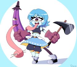 Rule 34 | 1girl, alternate skin color, blue hair, blue skin, blue skirt, blush stickers, breasts, brown gloves, colored skin, commentary, crop top, cyclops, english commentary, gloves, hammer, holding, holding hammer, karakasa obake, long tongue, medium breasts, armored boots, midriff, navel, one-eyed, orange eyes, pants, pants under skirt, quarium, signature, skirt, tatara kogasa, tatara kogasa (umbrella), tongue, tongue out, touhou, umbrella