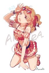Rule 34 | 1girl, aikatsu!, aikatsu! (series), bare legs, bracelet, brown eyes, brown hair, camisole, character name, collarbone, crop top, earrings, eyewear on head, frilled shirt, frilled skirt, frills, hanako151, hand up, heart, heart-shaped eyewear, jewelry, kneeling, long hair, midriff, one side up, ozora akari, open mouth, red camisole, red footwear, salute, sandals, shirt, signature, sketch, skirt, smile, solo, sunglasses, white background