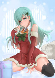 Rule 34 | 1girl, aa-aster, alternate costume, bare shoulders, breasts, detached sleeves, green eyes, green hair, kantai collection, long hair, medium breasts, presenting, sack, smile, solo, suzuya (kancolle), thighhighs, thighs