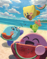 Rule 34 | beach, blush, cloud, cloudy sky, eating, floating, food, fruit, highres, kirby, kirby (series), looking at another, looking at viewer, miclot, nature, nintendo, ocean, open mouth, outdoors, plate, sand, sky, sparkling eyes, spitting, tongue, water, watermelon, watermelon slice