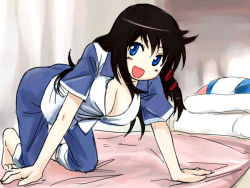 Rule 34 | 1girl, all fours, barefoot, bed, black hair, blue eyes, breasts, cleavage, happy, large breasts, michael f91, os-tan, pajamas, solo, xp-tan