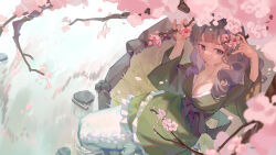 Rule 34 | 1girl, absurdres, blue eyes, blue hair, blue tail, branch, breasts, cherry blossoms, cleavage, clio (dabingshi clio da), closed mouth, collarbone, commentary, dappled sunlight, fingernails, fins, fish tail, frilled kimono, frills, from above, full body, grass, green kimono, hands up, highres, holding, japanese clothes, kimono, large breasts, long hair, long sleeves, looking at viewer, mermaid, monster girl, smile, solo, sunlight, tail, touhou, wakasagihime, water, wavy hair, wide sleeves