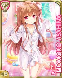 Rule 34 | 1girl, arms up, asahina momoko, barefoot, bed, brown hair, card (medium), character name, curtains, dress shirt, girlfriend (kari), indoors, long hair, navel, no pants, official art, open mouth, pillow, qp:flapper, red eyes, ribbon, shirt, side ponytail, sleeves past wrists, solo, standing, standing on one leg, unbuttoned, white shirt, window
