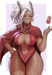 Rule 34 | 1girl, :d, abs, animal ears, artist name, black choker, blush, boku no hero academia, border, breasts, cape, center opening, character doll, choker, cleavage, cosplay, curvy, dark-skinned female, dark skin, gud0c, hand on own hip, hand up, heart, highleg, highleg leotard, highres, large breasts, leotard, long hair, looking at viewer, mirko, navel, open mouth, ponytail, purple background, rabbit ears, rabbit girl, red cape, red eyes, red leotard, smile, solo, sweat, thick thighs, thighs, toned, white border, wide hips, yaoyorozu momo, yaoyorozu momo (cosplay)