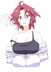 Rule 34 | 1girl, ahoge, bare shoulders, black camisole, breasts, brown eyes, camisole, cigarette, cleavage, copyright request, glasses, hair between eyes, ishii hisao, jacket, large breasts, looking at viewer, mouth hold, off-shoulder jacket, off shoulder, red hair, semi-rimless eyewear, short hair, simple background, smoke, smoking, solo, strap slip, under-rim eyewear, upper body, virtual youtuber, white background, white jacket