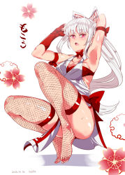 Rule 34 | 1girl, alternate costume, arm ribbon, armpits, arms up, back, bare shoulders, bow, bra, breasts, cleavage, convenient censoring, convenient leg, dress, elbow gloves, female focus, fingerless gloves, fishnet thighhighs, fishnets, fujiwara no mokou, gloves, hair bow, large breasts, long hair, nyuu (manekin-eko), parody, pink eyes, ponytail, red bra, red gloves, revealing clothes, ribbon, sash, silver hair, solo, taimanin (series), taimanin asagi, taimanin suit, thighhighs, thighs, touhou, underwear, very long hair, white dress