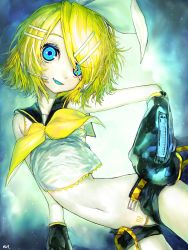 Rule 34 | 1girl, aqua eyes, aqua tongue, bare shoulders, belt, blonde hair, blue eyes, bow, detached sleeves, eyelashes, fang, hair bow, hair ornament, hair over one eye, hairclip, hand on own hip, headset, highres, kagamine rin, korpokkur kne, looking at viewer, midriff, narrow waist, navel, number tattoo, open clothes, open fly, open shorts, pale skin, panties, pubic tattoo, sailor collar, shirt, shorts, skin fang, skinny, sleeveless, sleeveless shirt, smile, solo, swept bangs, tattoo, underwear, unzipped, vocaloid