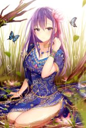 Rule 34 | 1girl, absurdres, blurry, breasts, bug, butterfly, depth of field, fate/grand order, fate (series), flower, hair flower, hair ornament, highres, indian clothes, bug, jewelry, junpaku karen, large breasts, leaf, long hair, looking at viewer, matou sakura, necklace, partially submerged, parvati (fate), purple eyes, purple hair, rain, ripples, side slit, solo, water