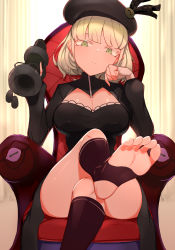 Rule 34 | 1girl, absurdres, arm rest, black dress, black hat, black legwear, blonde hair, bow, breasts, chair, choumi wuti (xueye fanmang zhong), cleavage, cleavage cutout, clothing cutout, curtains, dress, expressionless, feet, fingerless gloves, foot focus, gloves, green eyes, hand on own cheek, hand on own face, hat, hat bow, highres, holding, holding shoes, indie virtual youtuber, large breasts, looking at viewer, looking down, no shoes, parasister (vtuber), shoes, sitting, soles, solo, stirrup legwear, toeless legwear, unworn shoes, virtual youtuber