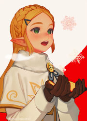 Rule 34 | 1girl, :d, blonde hair, blush, braid, breath, brown gloves, capelet, christmas, crown braid, earrings, forehead, gloves, green eyes, hairband, jewelry, long hair, long sleeves, mimme (haenakk7), nintendo, open mouth, pointy ears, princess zelda, santa costume, smile, snowflakes, solo, the legend of zelda, the legend of zelda: breath of the wild, thick eyebrows, twitter username, upper body, white capelet, winter clothes