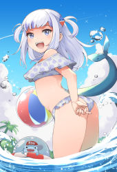 Rule 34 | 1girl, adjusting clothes, adjusting swimsuit, ass, ball, bare shoulders, beachball, bikini, bloop (gawr gura), blue eyes, blue hair, commentary, day, english commentary, fins, fish tail, frilled bikini, frills, from side, gawr gura, goten (510gensoku), hair ornament, highres, hololive, hololive english, in water, looking at viewer, medium hair, multicolored hair, ocean, open mouth, outdoors, palm tree, shark tail, sharp teeth, smile, solo, streaked hair, sunlight, swimsuit, tail, teeth, thighs, tree, two side up, virtual youtuber, water drop, white hair
