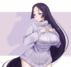 1girl, blush, breasts, fate/grand order, fate (series), highres, keokz, large breasts, long hair, looking at viewer, minamoto no raikou (fate), simple background, solo, sweater, turtleneck, turtleneck sweater